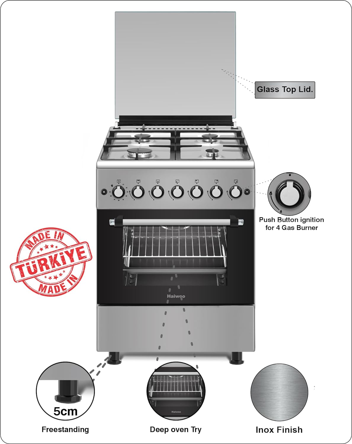 Haiwoo HCR6060HIX Cooking Range, 4x Gas Euro Pool Type Burners, 4mm Flat and Matt Finishing Burner Caps, Ceramic Ribbed Cavity, Rotisserie Feature, Knob Control, Inox Finish | B0CM24ZTYS - Image 4