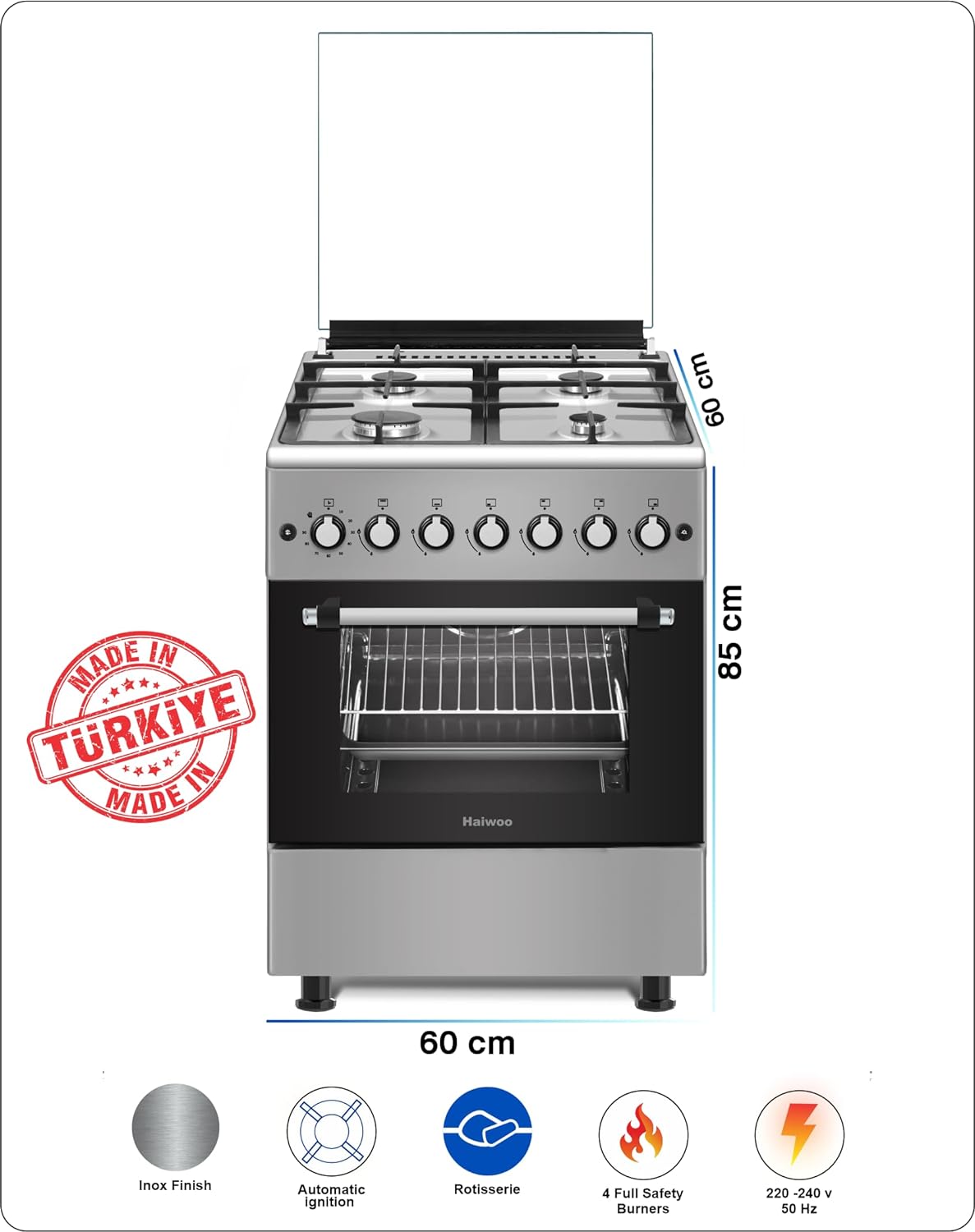 Haiwoo HCR6060HIX Cooking Range, 4x Gas Euro Pool Type Burners, 4mm Flat and Matt Finishing Burner Caps, Ceramic Ribbed Cavity, Rotisserie Feature, Knob Control, Inox Finish | B0CM24ZTYS - Image 3