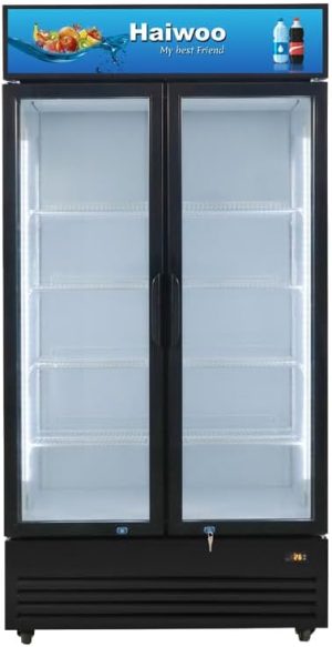 Haiwoo Showcase Chiller Two Door Double Layer Glass 1100L, Cooling Capacity 879L, Model Hwch-1100H - 1 Years Full & 5 Years Compressor Warranty 75x100x200Cm Body Color Black, Inside White