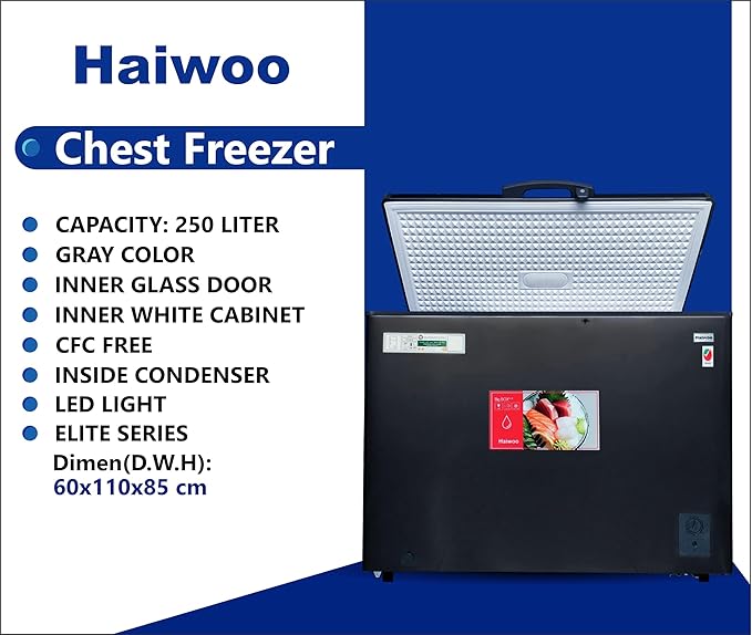 Haiwoo 250 Litre Chest Freezer, Single Door, Super Freezer Elite Series with Inner Glass, Storage Basket, HDF250WBG, Gray - Image 4